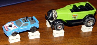 Toy cars up on blocks