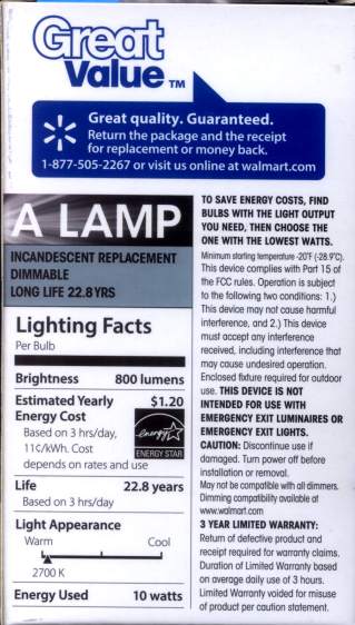 Walmart 60 W LED Bulb - package data