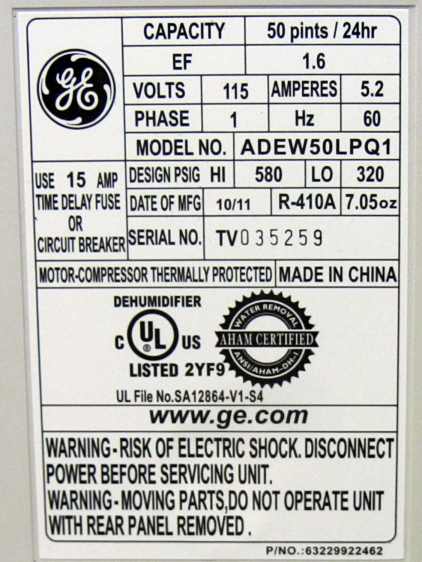 GE Dehumidifier label