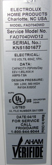 Fridgidaire - Electrolux Dehumidifier label