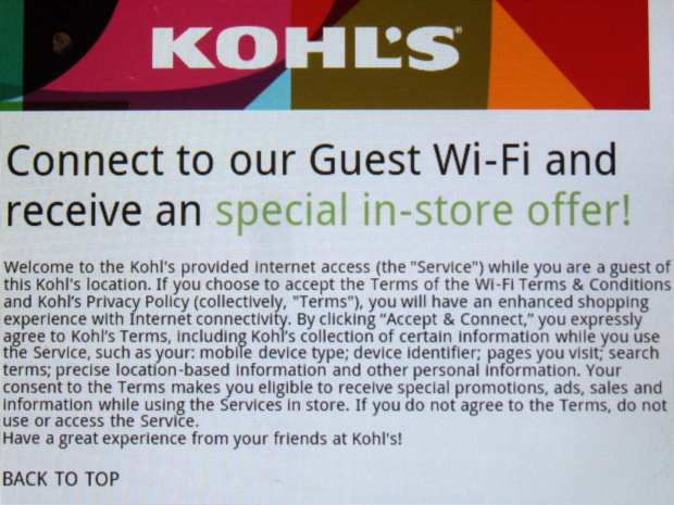 Kohls Guest WiFi - login screen