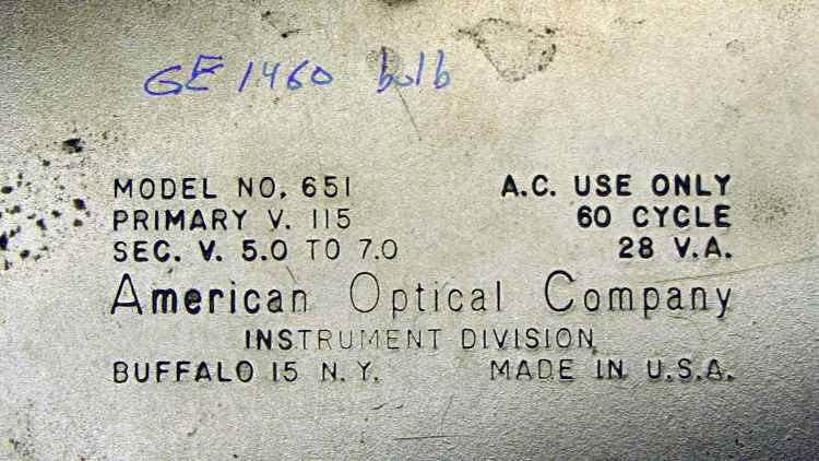 American Optical Model 651 Microscope Illuminator - data plate