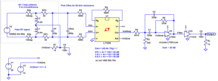 60 kHz Preamp - LTSpice schematic