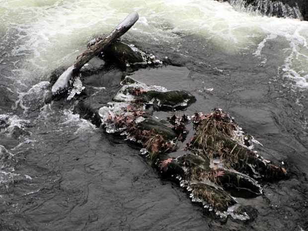 Red Oaks Mill Dam 2016-12-11 - ice on rocks 1