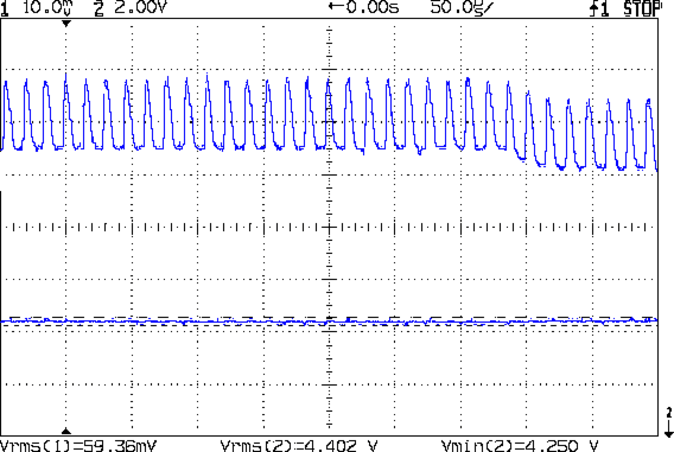 WS2812 4x7 array - 200 mA VCC 50 us - all on - cheap 1A wart - 20 uF