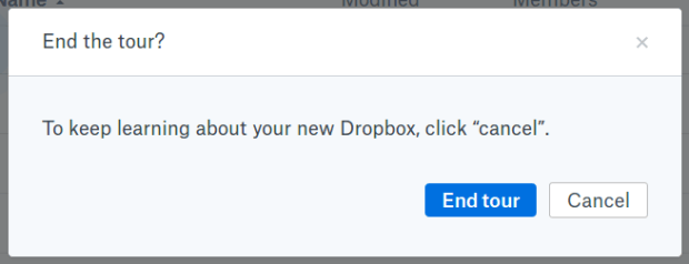 Dropbox - tour exit dialog