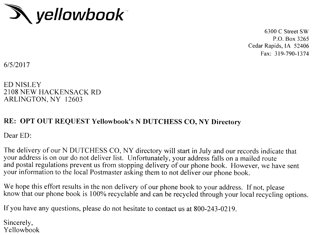 YellowBook Do-Not-Deliver Delivery