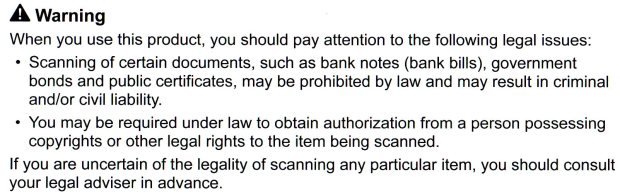 Canon LiDE 120 - Legal Issues Warning