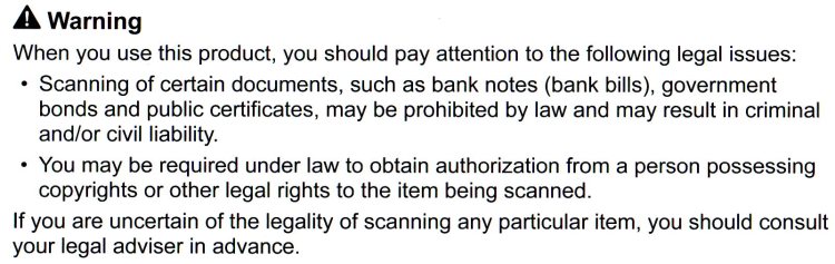 Canon LiDE 120 - Legal Issues Warning