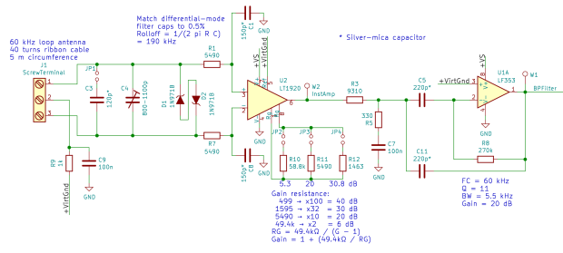60 kHz Preamp Schematic - DM filter inst amp - BP filter rebias - 2017-09-22