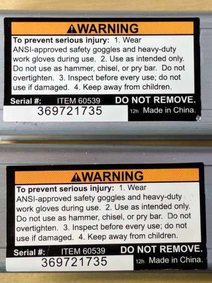 Harbor Freight Bar Clamp Labels