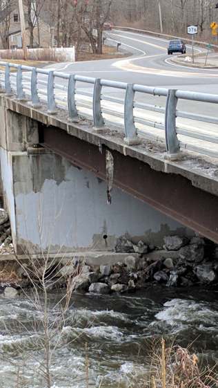 Red Oaks Mill bridge - dangling concrete