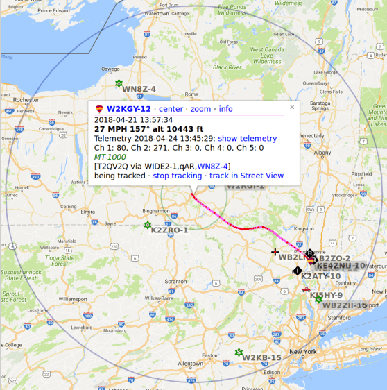 Balloon chase - W2KGY-12 track - 2018-04-21 to 2018-04-24