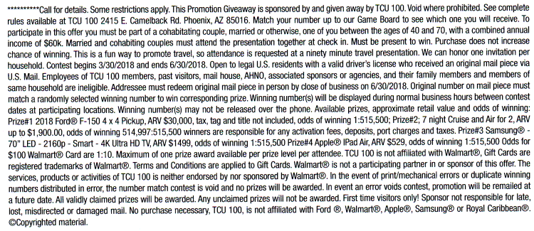 TCU 100 - Giveaway fine print