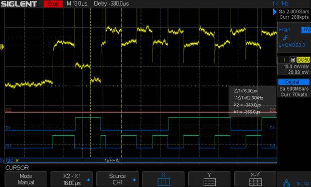 I2C 100kHz - BNO055 SCL 1 mA-div - B7 Rd error - Pi SCL mistiming