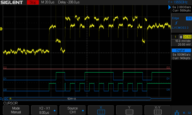 I2C 100kHz - BNO055 SCL 1 mA-div - B7 Rd error - SCL glitch