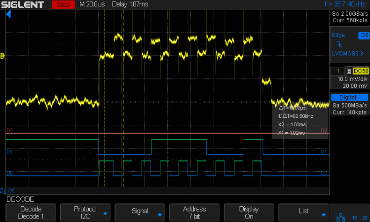 I2C 100kHz - BNO055 SCL 1 mA-div - B7 Rd OK - long SCL high