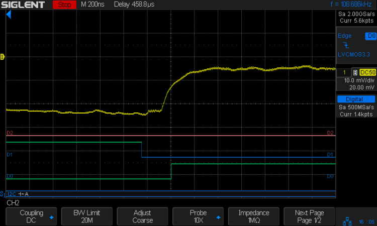 I2C 200kHz - BNO055 SCL 1 mA-div - Rd OK - 250 ns SDA-SCL setup
