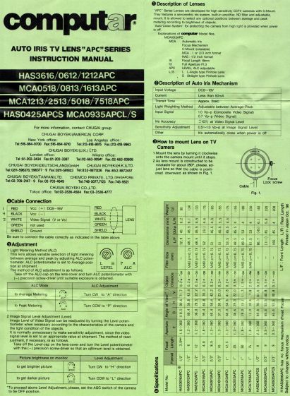 Computar Auto Iris TV Lens Manual