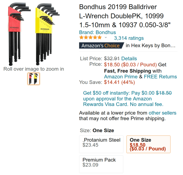 Bondhus hex wrench set - Amazon listing