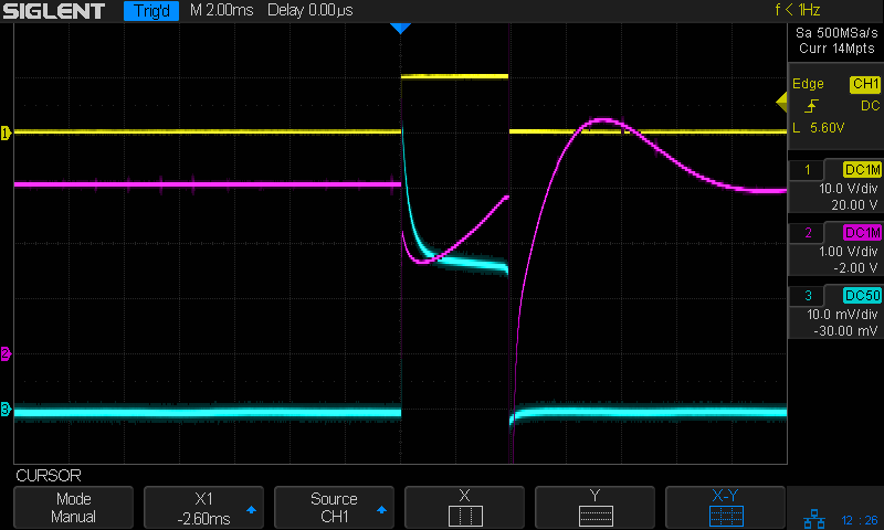 Halogen 3V - no cap - Vsupply - 4ms 1A-div