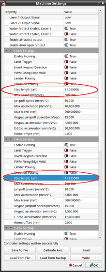OMTech Laser - Axis step length settings