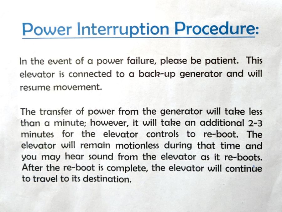 Elevator power failure instructions