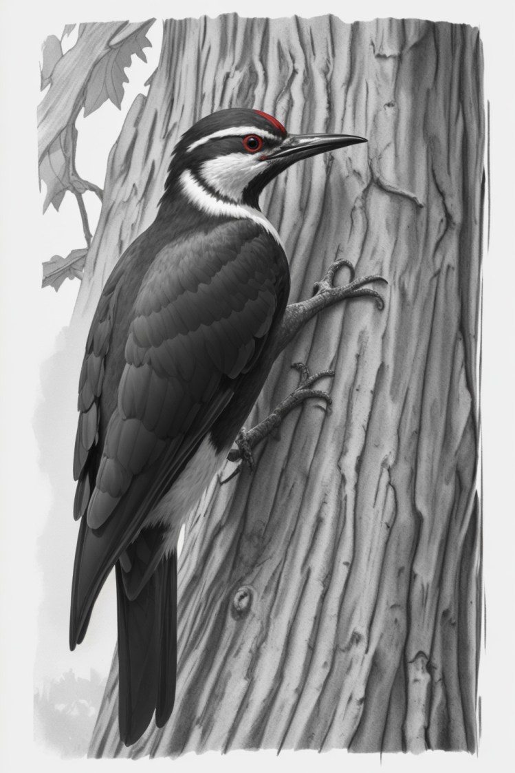 pileated woodpecker line drawing, black and white, on tree