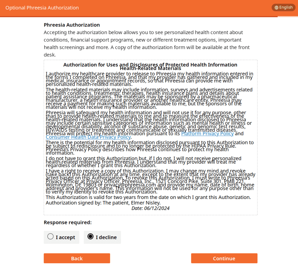 Optional Phreesia Authorization