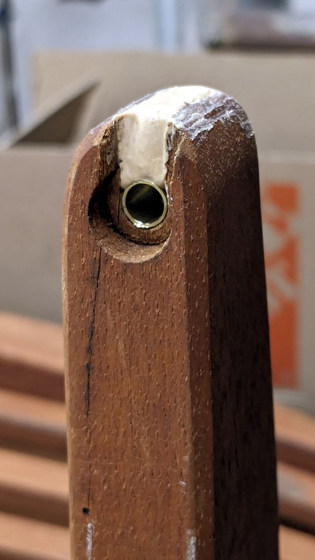 Wood chair arm - brass tube epoxy fill