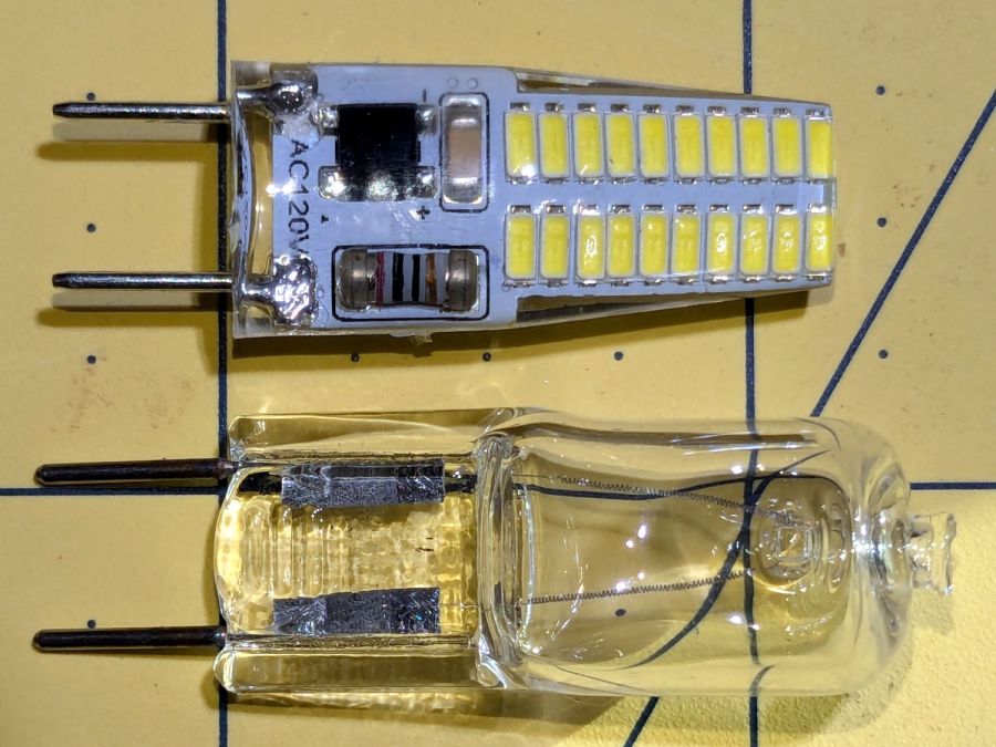 G8 halogen vs LED bulb - front view