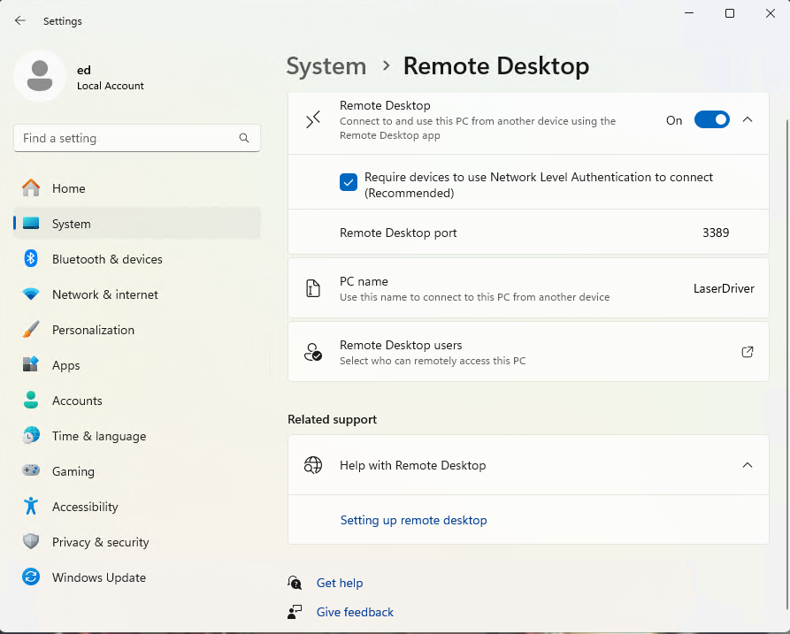 Remote Desktop enable