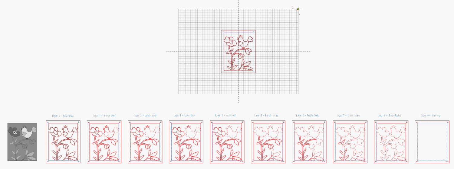 Whimsical Perching Bird - LightBurn layout